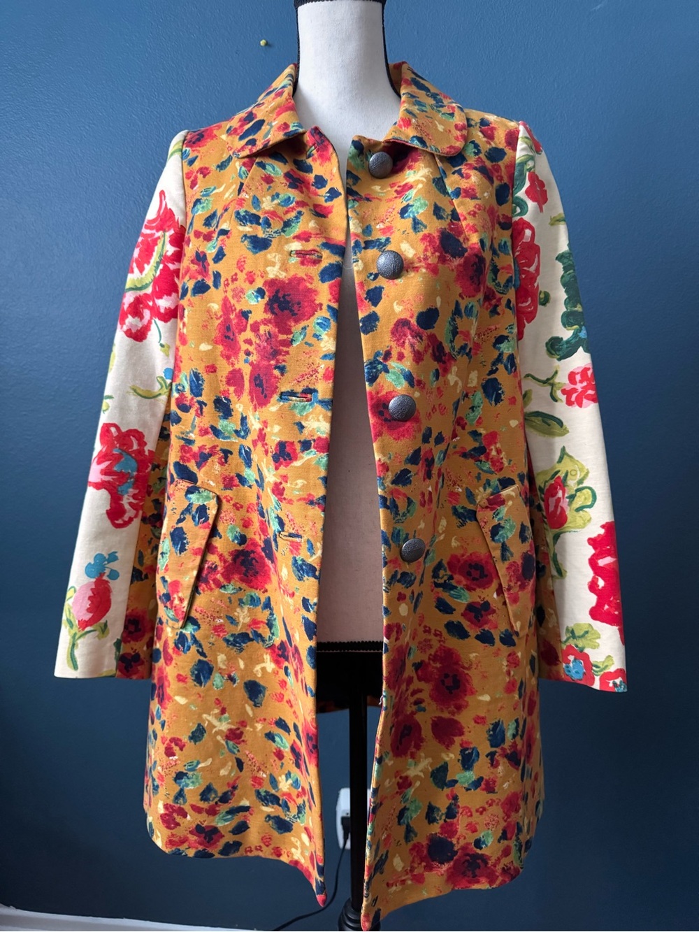 elevenses Mustard Floral Trench Coat with Cream Floral Sleeves